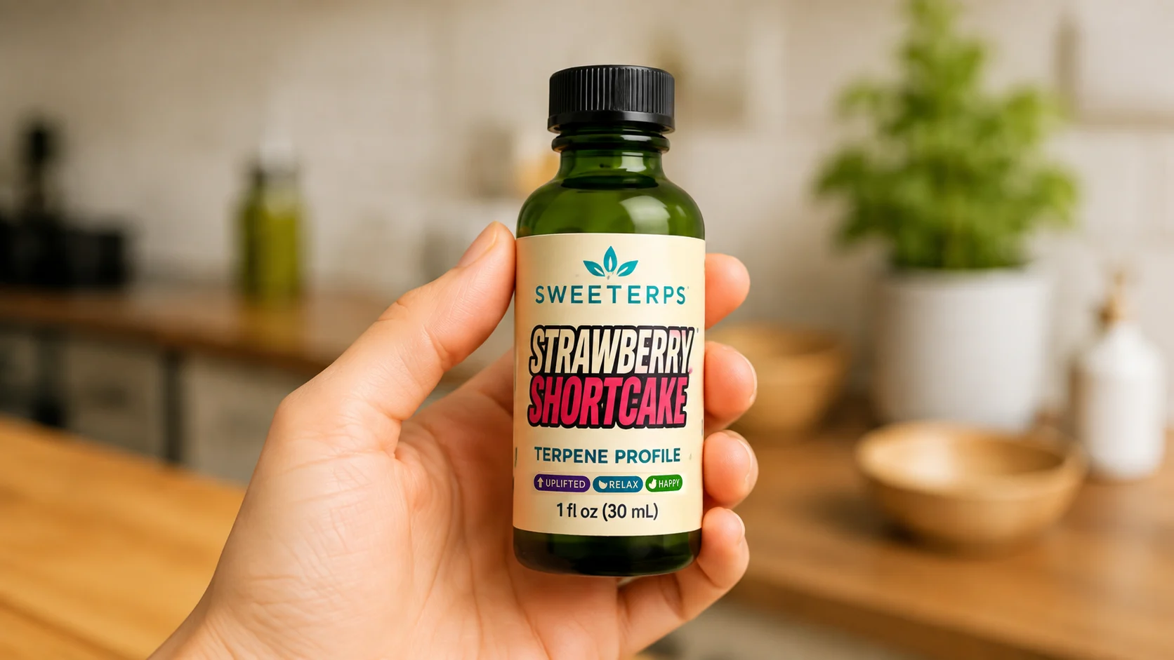 A hand holding a Strawberry Shortcake terpene profile bottle in a kitchen