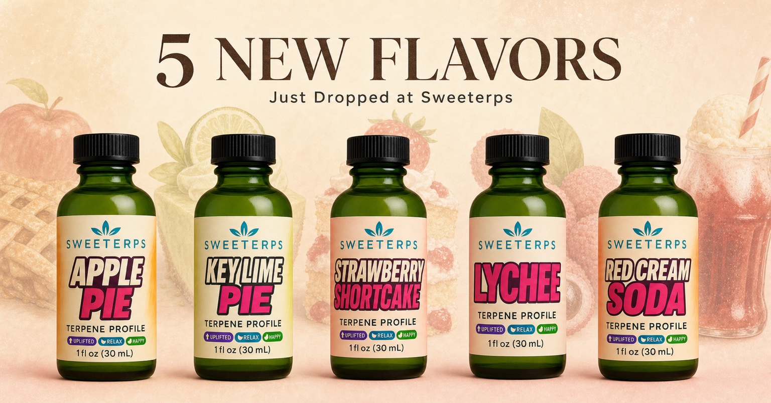 Five new Sweeterps flavors: Apple Pie, Key Lime Pie, Strawberry Shortcake, Lychee, and Red Cream Soda terpene profile bottles
