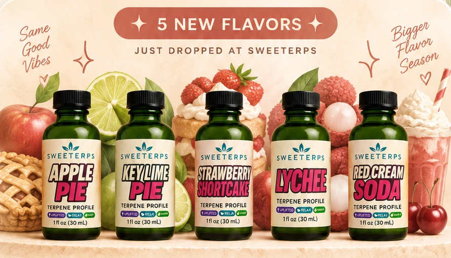 Five new Sweeterps terpene profiles — Apple Pie, Key Lime Pie, Strawberry Shortcake, Lychee, and Red Cream Soda — 1 fl oz bottles with fruit and dessert props