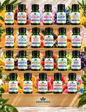 Sweeterps flavor terpene profile bottles on a wooden display with fruit, showing available flavor choices