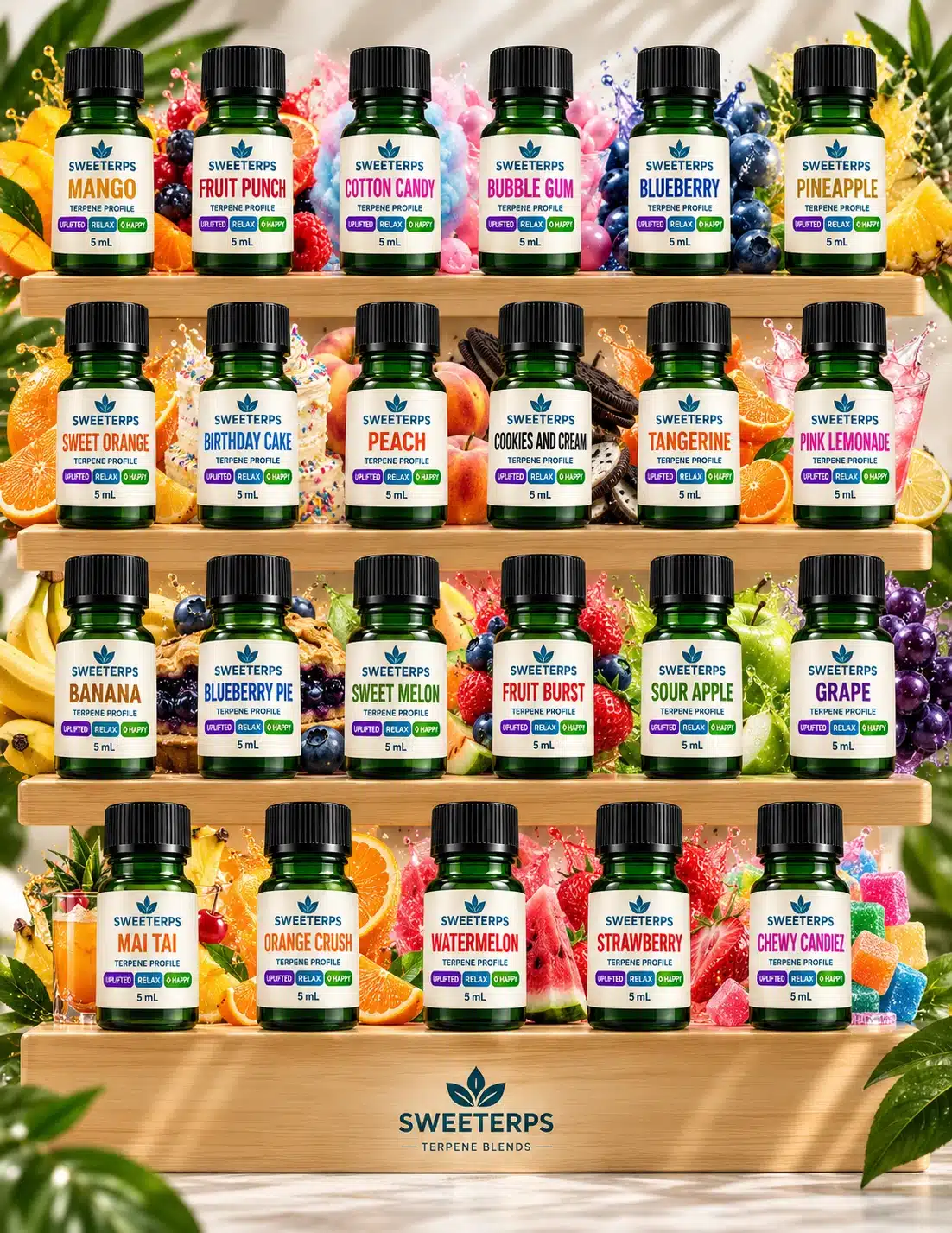 Sweeterps flavor terpene profile bottles on a wooden display with fruit, showing available flavor choices